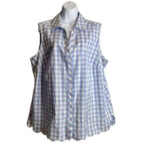 Foxcroft Women's Blue White Gingham Sleeveless Button Up Blouse Size 18W Coastal